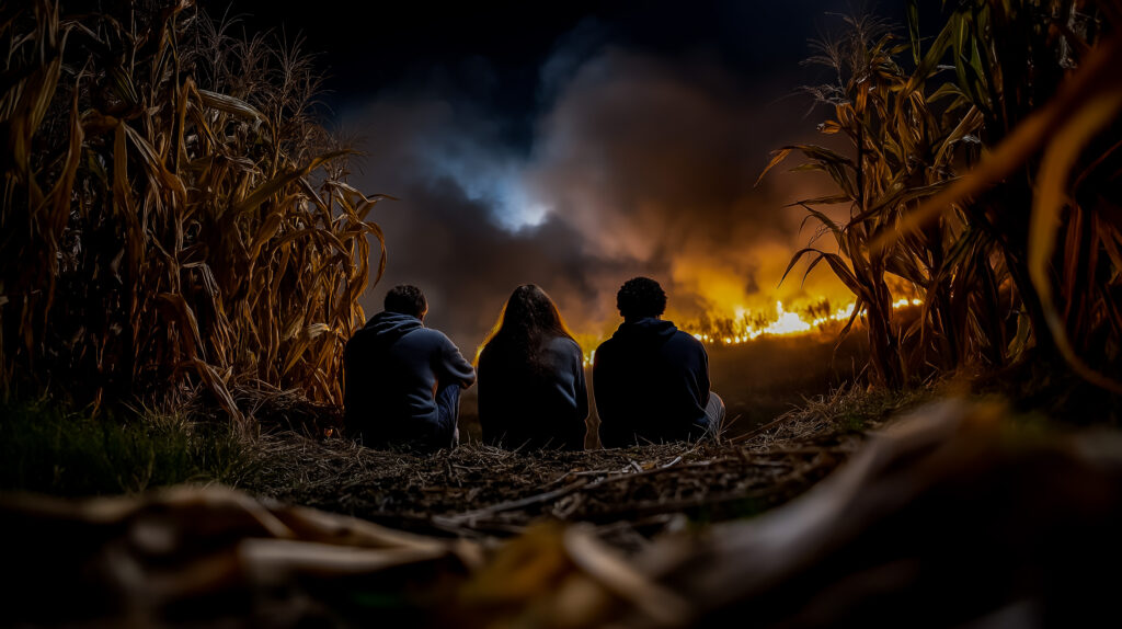 Boy Watches Burning Village, Sunset