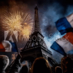 Crowd Waves Flags at Fireworks