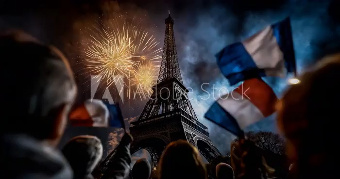 Crowd Waves Flags at Fireworks